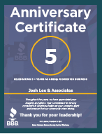 5 year anniversary certificate from the Better Business Bureau