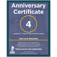 Anniversary Certificate | 4 | Celebrating 4 + Years As A BBB® Accredited Business | Josh Lee & Associates