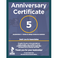Anniversary Certificate | 5 | Celebrating 5 + Years As A Accredited Business | Josh Lee & Associates
